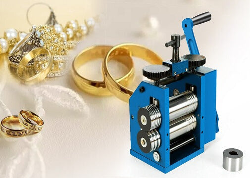 Jewelry rolling mill machine showing flat and wire rollers used for reducing and shaping metal in a jewelry studio