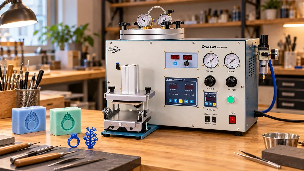 Automatic vacuum wax injection machine with digital controls and pressure gauges on a jewelry workshop bench.