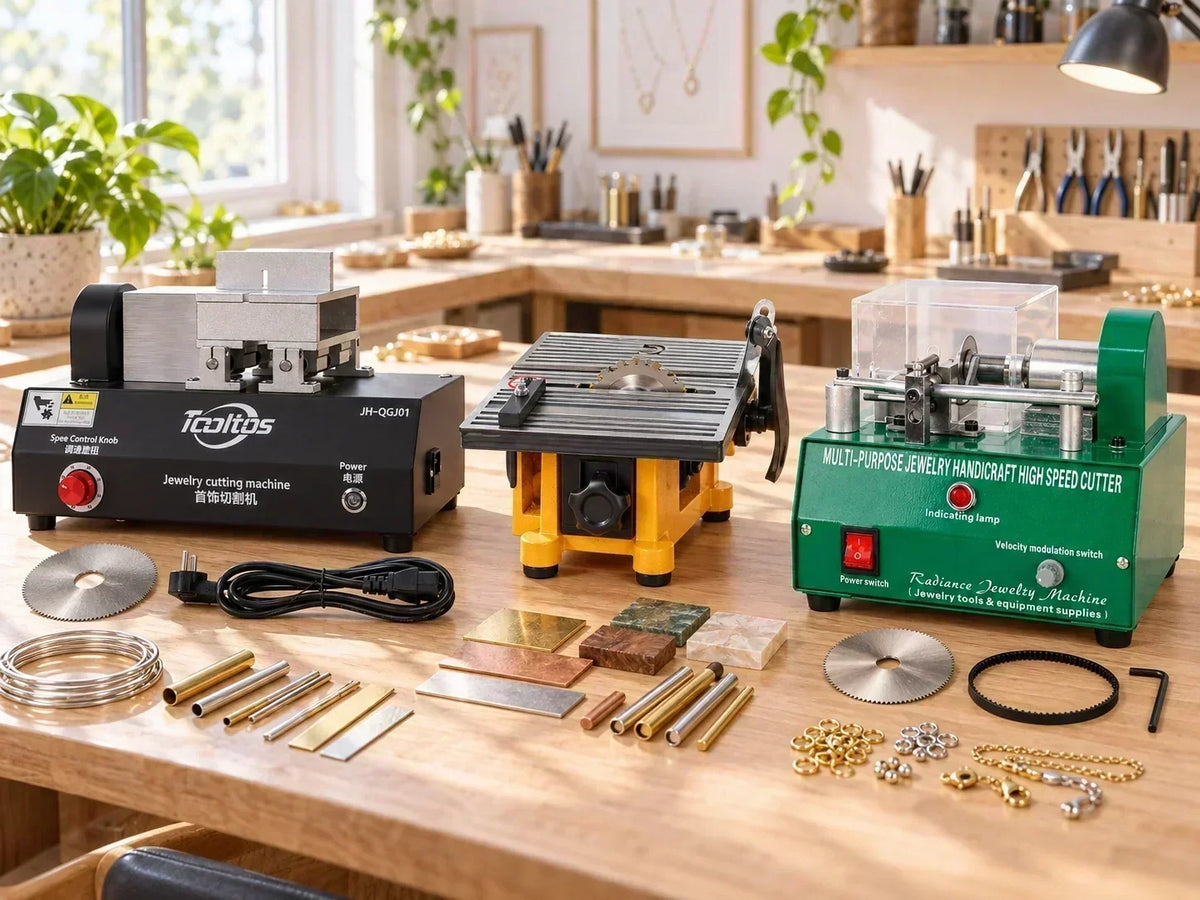 Three Tooltos jewelry cutting machines and accessories on a workbench