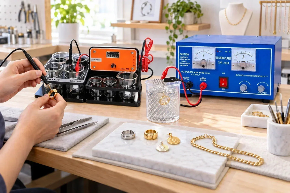 Jewelry electroplating workbench with plating machine and finishing equipment