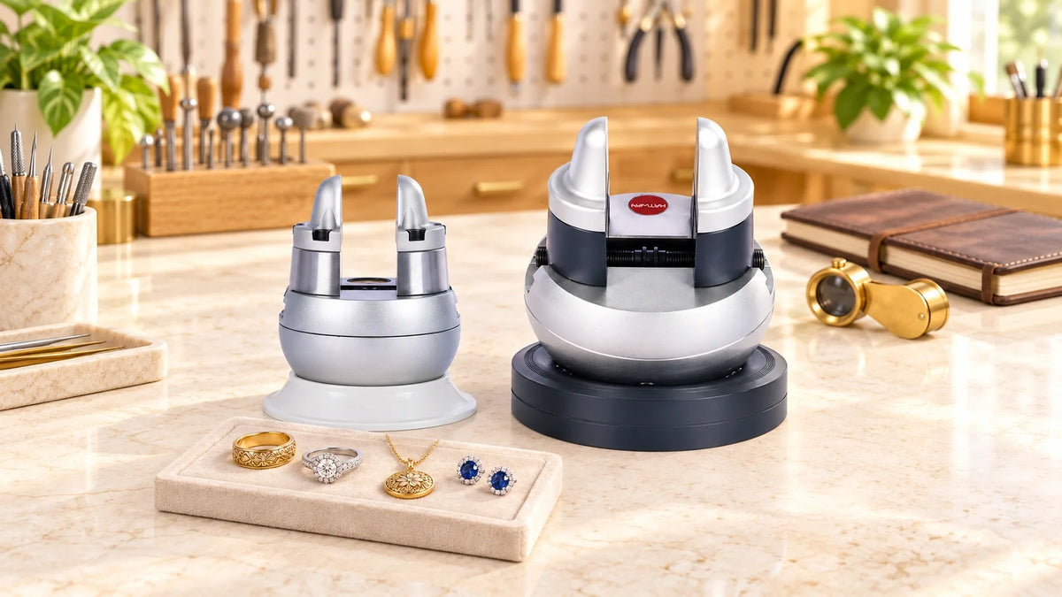 Tooltos 3 inch and 5 inch ball vises side by side on a jewelry workbench, with rings and loose stones in the foreground.