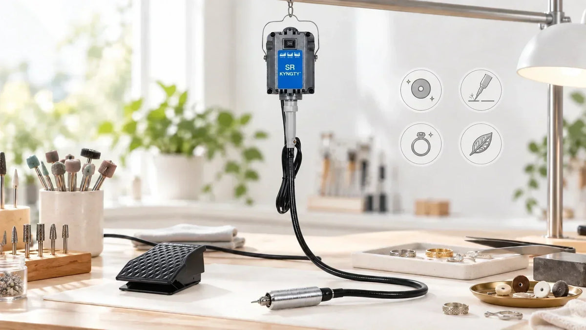 Jewelry flex shaft motor hanging above a workbench with flexible shaft, handpiece, and foot pedal for hands-free speed control