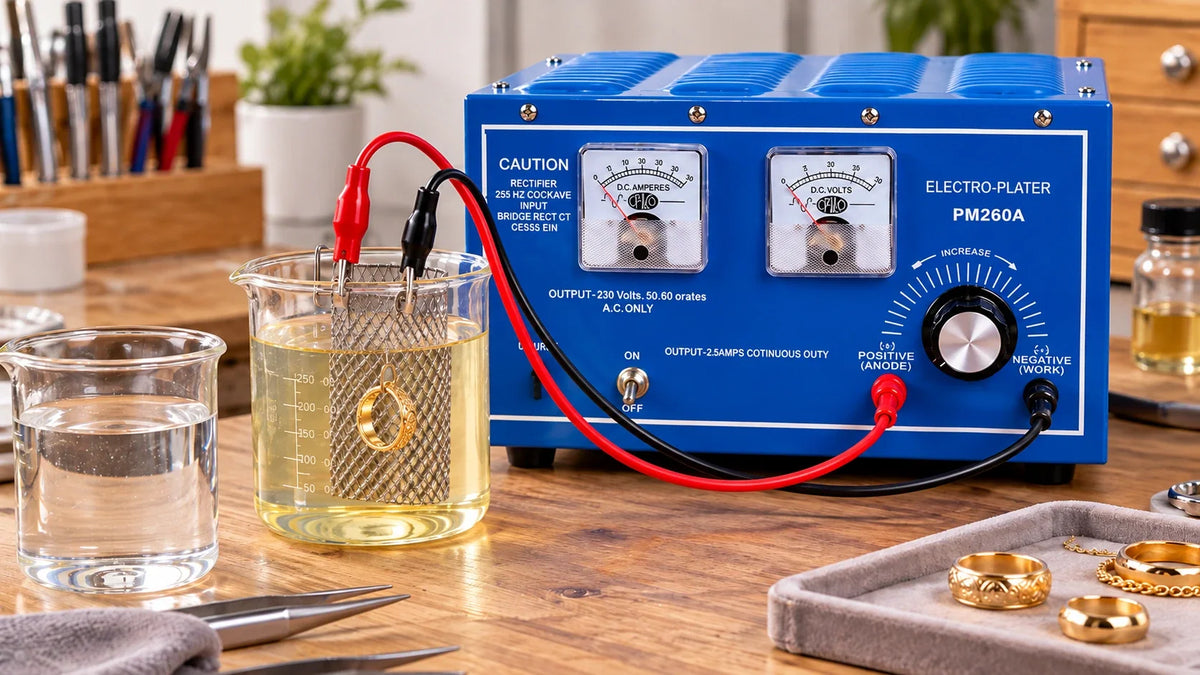 Tooltos PM260A plating rectifier connected to a jewelry plating bath on a workbench