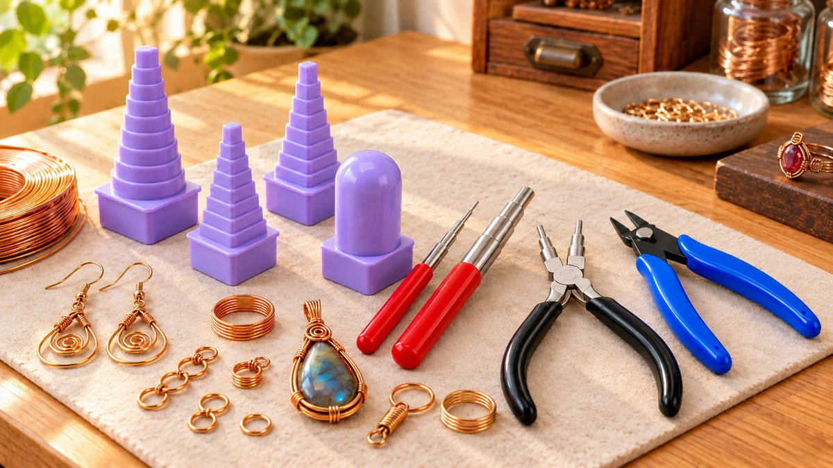 Jewelry wire forming tools with stepped mandrels, forming pliers and cutters beside wire wrapped pendants and rings