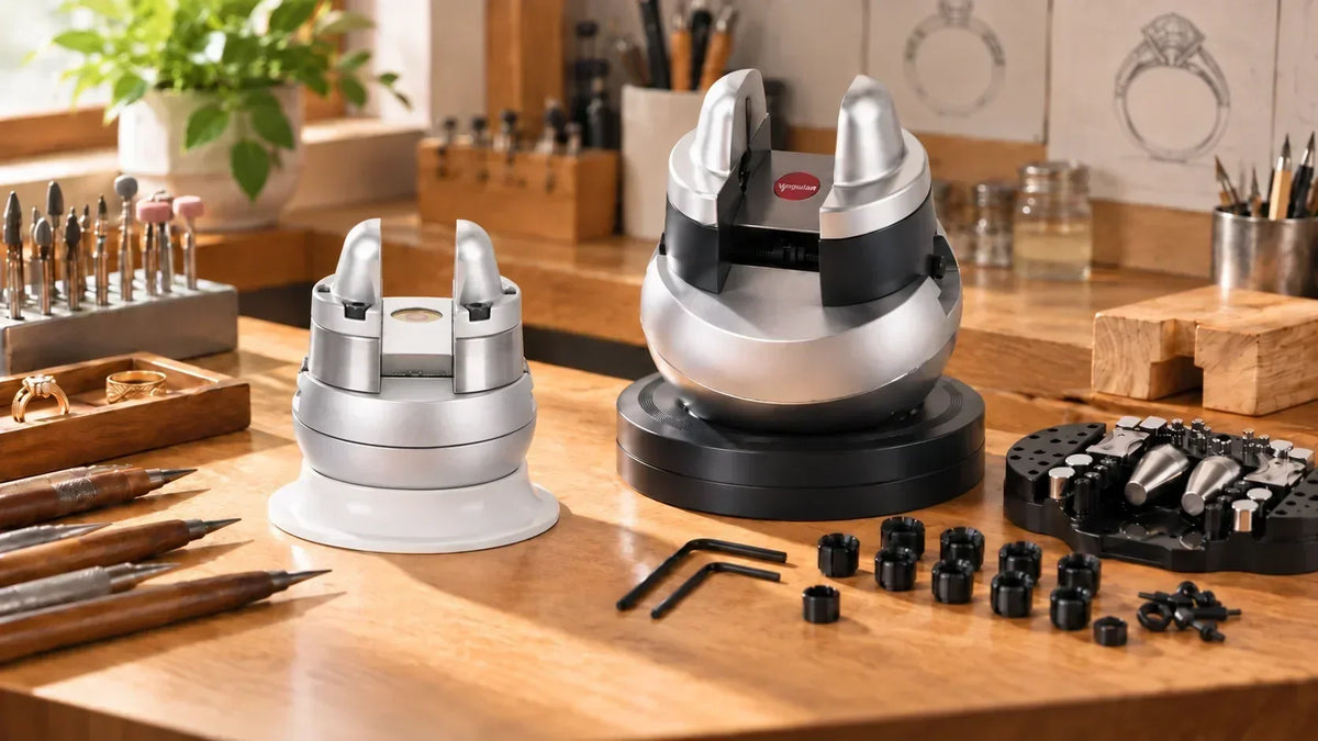 Tooltos 3-inch and 5-inch jewelry ball vises with attachments and hex keys on a wooden workbench