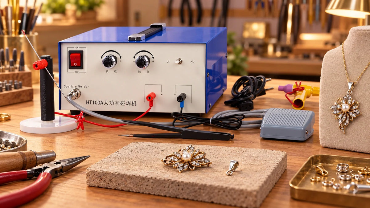 Jewelry spot welder on a workbench with a brooch, loose findings and a pendant displayed on a necklace stand