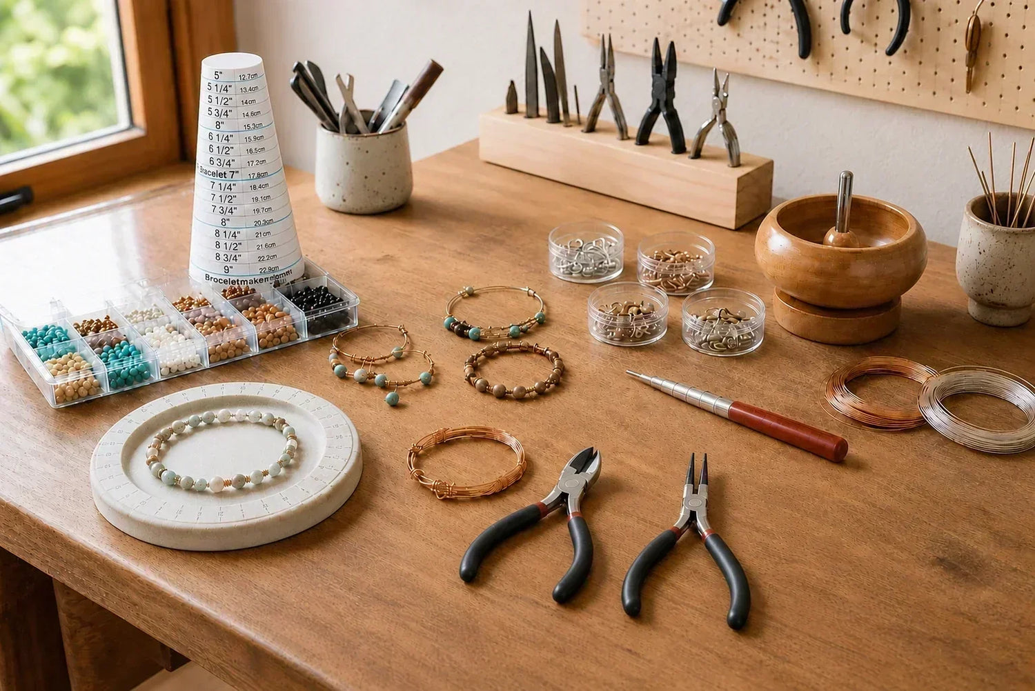 Jewelry making tools laid out on a wooden workbench, including pliers, wire, beads and bracelets