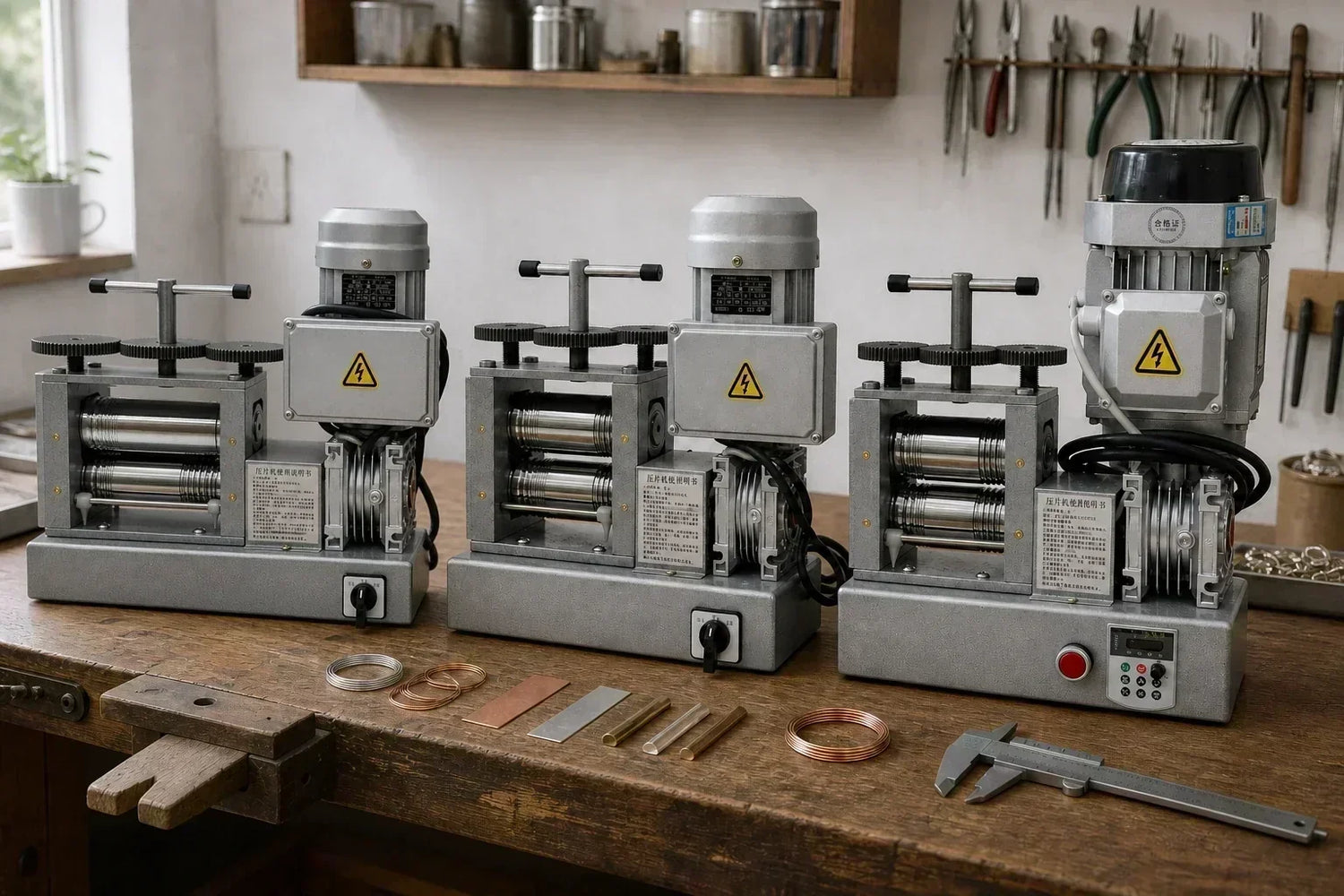 Three Tooltos 550W electric jewelry rolling mills side by side on a workshop bench, showing the 3-in-1, 4-in-1 and variable-speed models