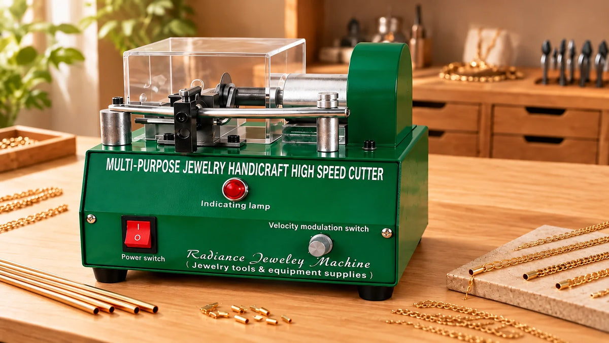 Green Tooltos jewelry wire and tube cutting machine on a wooden workbench with metal tubes and chains
