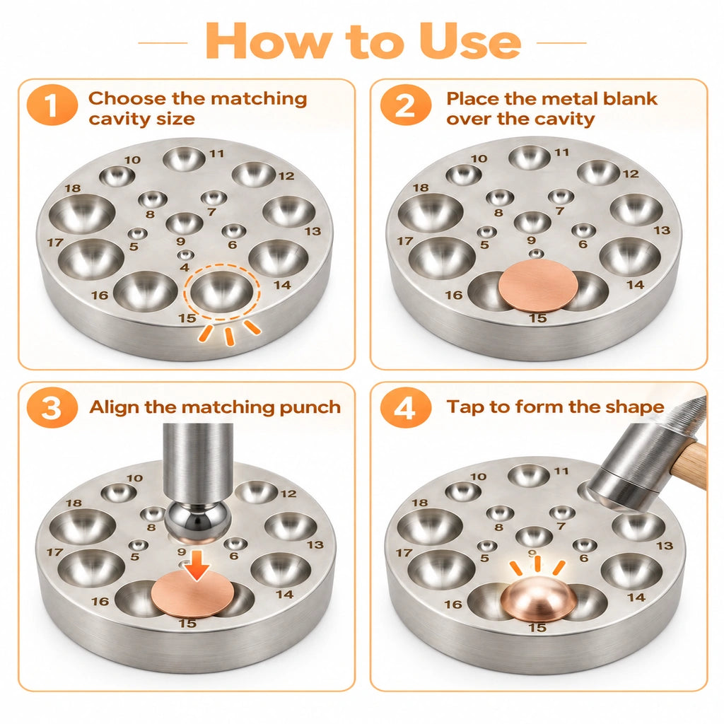 Dapping die instructions: select a cavity, place the metal blank, align a matching punch, and tap to form a dome.