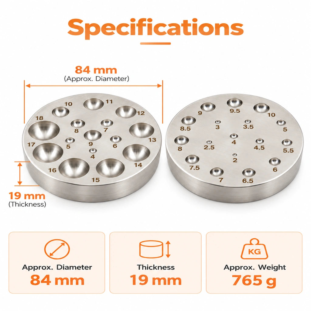 Round jewelry dapping die dimensions: approximately 84 mm diameter, 19 mm thickness, and 765 g weight.