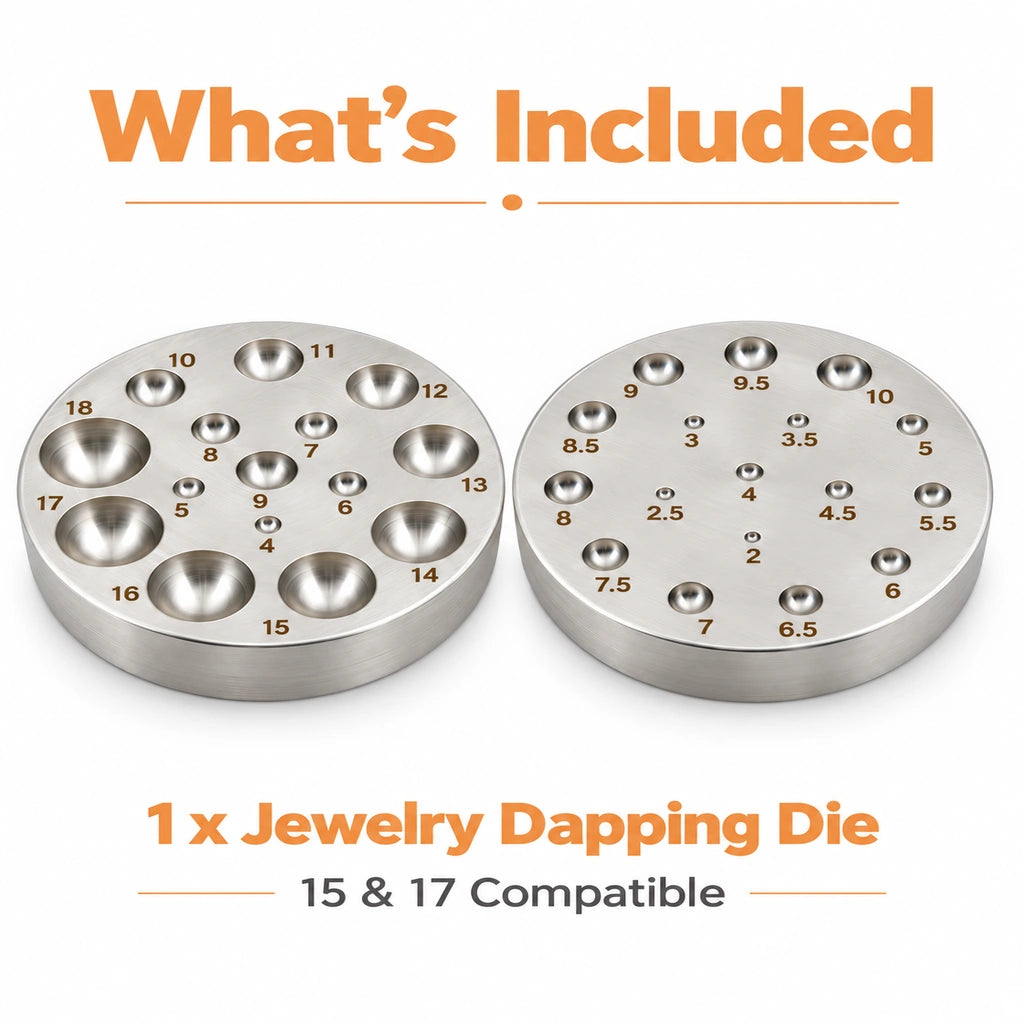 Both sides of one round jewelry dapping die shown in the package contents graphic. One die is included.
