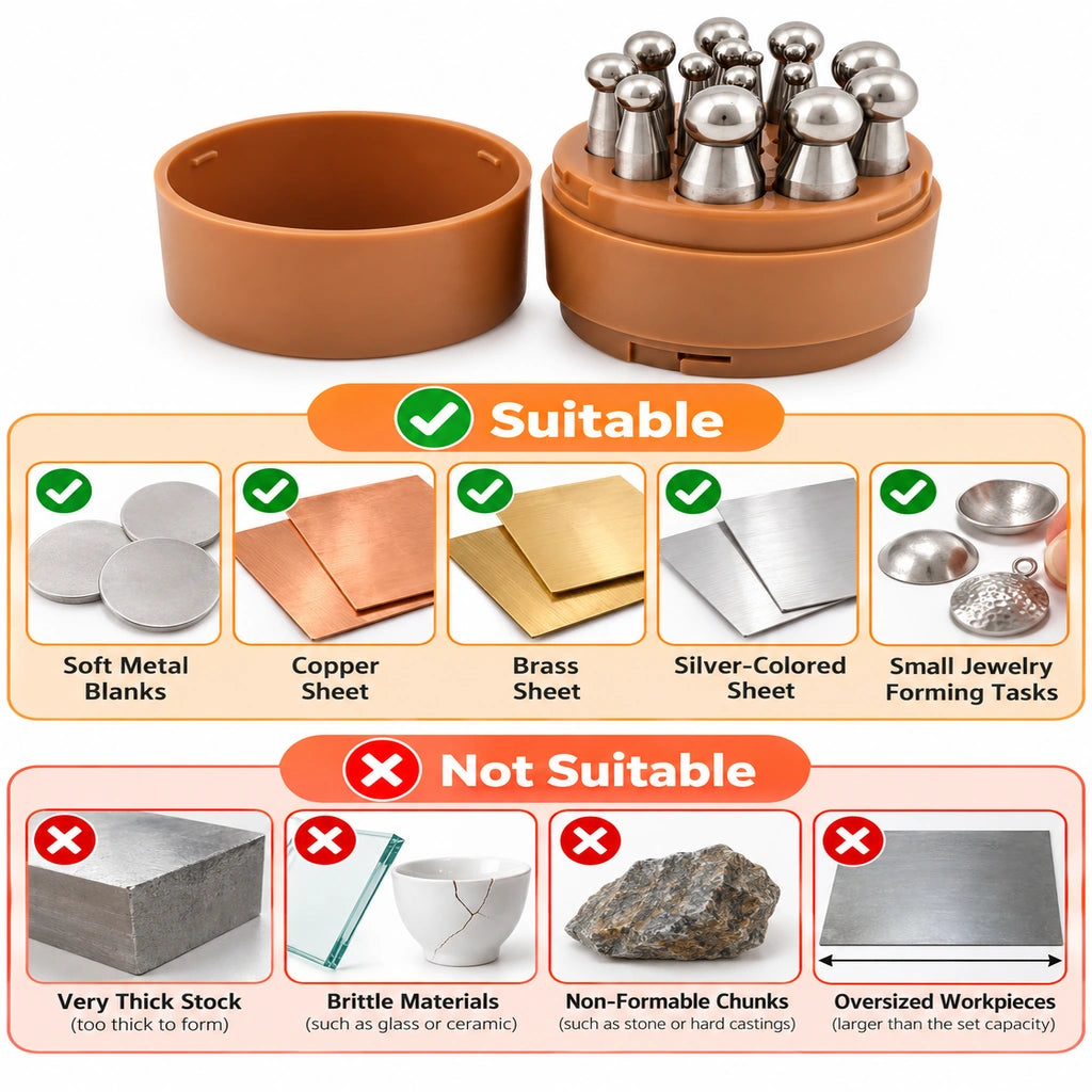 15 piece dapping punch material guide: suitable for soft metal blanks, not thick stock, brittle materials, or oversized pieces.