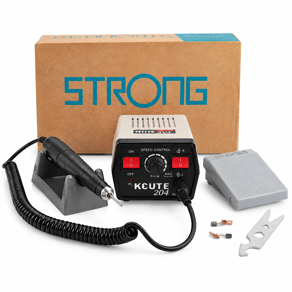 Electric jewelry micromotor kit with control box, handpiece and stand, foot switch, spare carbon brushes, wrench and packaging box
