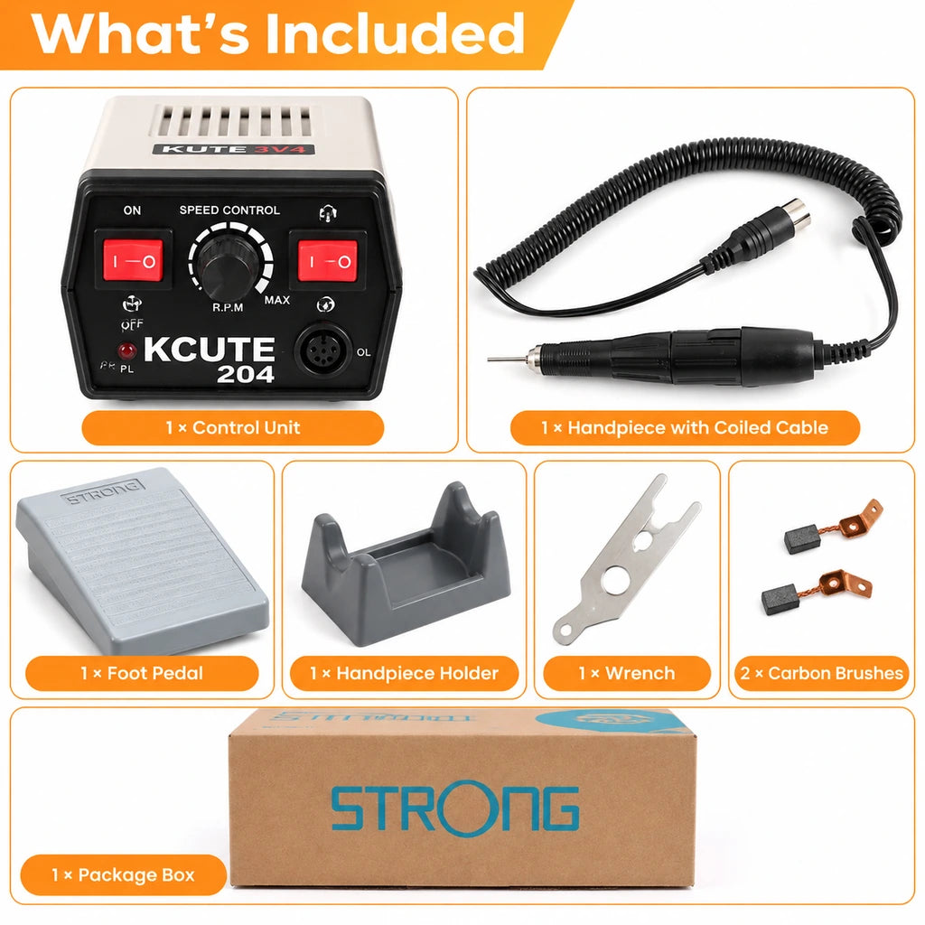 Micromotor kit contents showing control unit, handpiece with coiled cable, foot pedal, holder, wrench, two carbon brushes and box