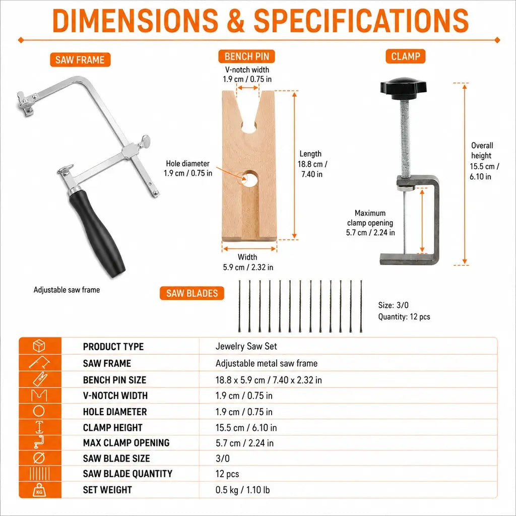 Dimensions and technical specifications of Tooltos jewelry saw kit with bench pin and clamp