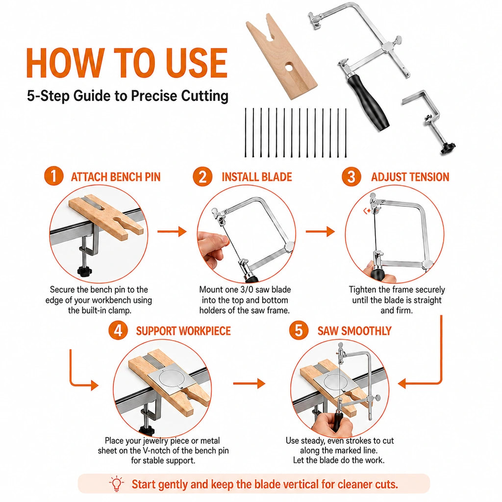 How to use the Tooltos jewelry saw frame with bench pin step by step
