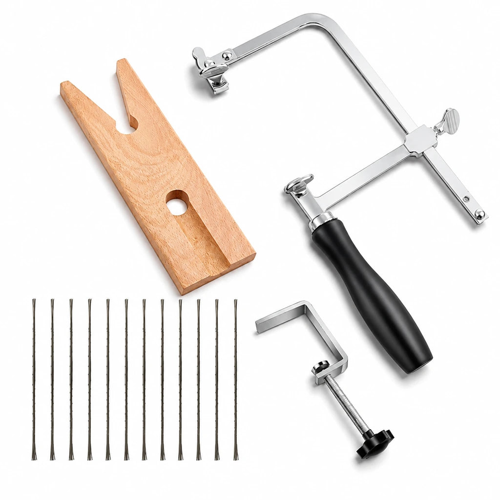 Tooltos jewelry saw kit with adjustable saw frame, bench pin, clamp and 3/0 blades