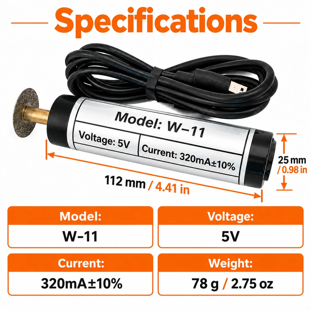 Black welding needle grinder specifications showing 112 mm length, 25 mm diameter and 78 g weight