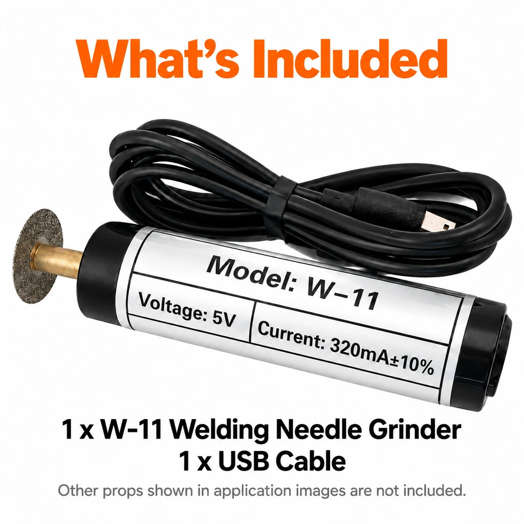 Package contents showing one black welding needle grinder and one USB power cable