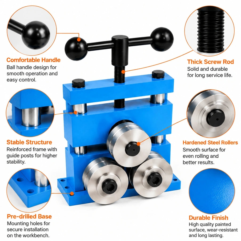 Grooved roller bracelet bending machine showing the T handle, adjustment screw, guide posts and mounting holes