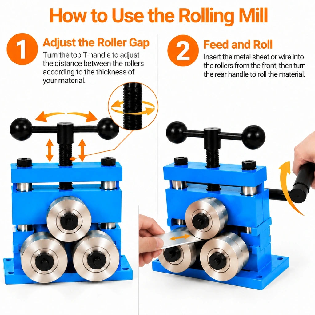Adjusting the roller gap and turning the crank to feed a metal strip through the bracelet bending machine