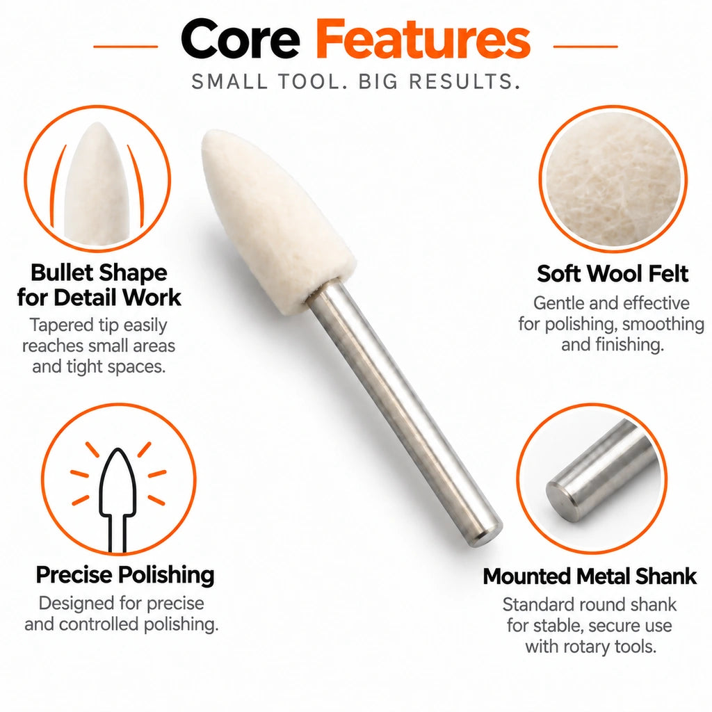 Core features of a bullet shape wool felt polishing point for jewelry polishing