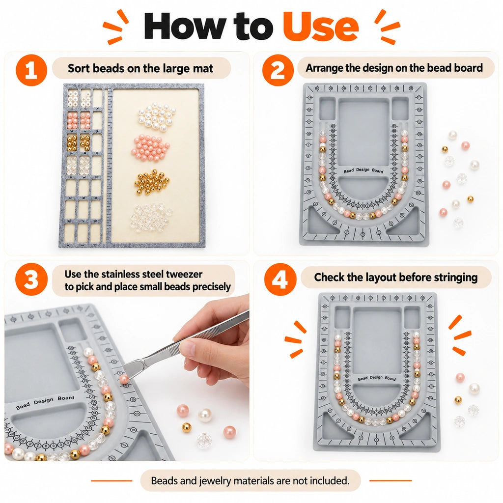 Four steps for using the bead design board set: sort beads on the mat, arrange the design on the board, place beads with the tweezer, and check the layout before stringing