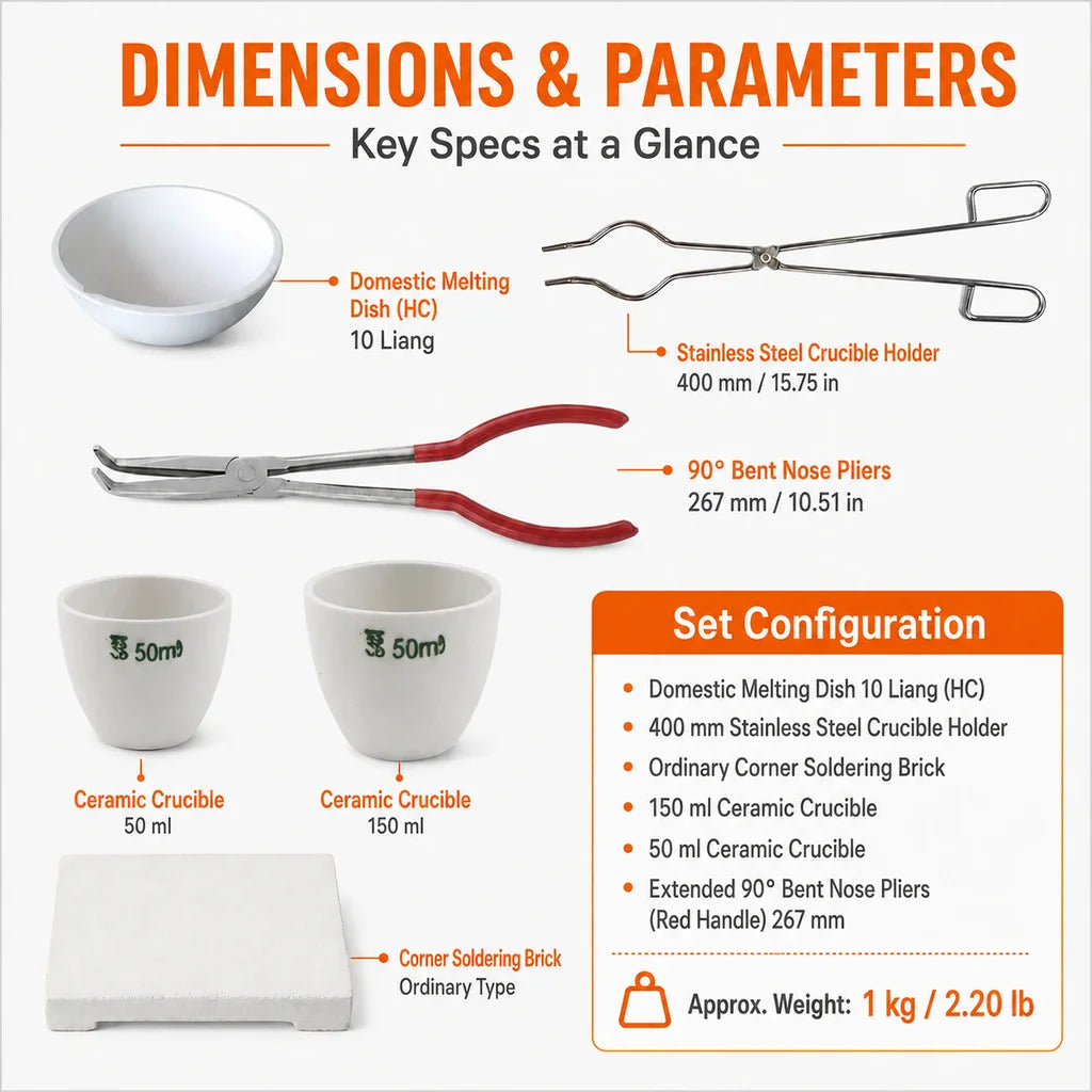 Dimensions and technical specifications of ceramic crucible and tongs set