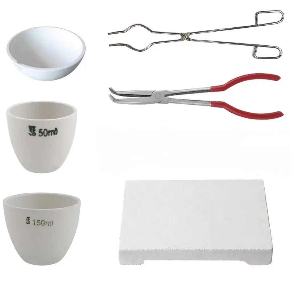 Tooltos jewelry melting kit with ceramic crucible dish, tongs, and soldering brick