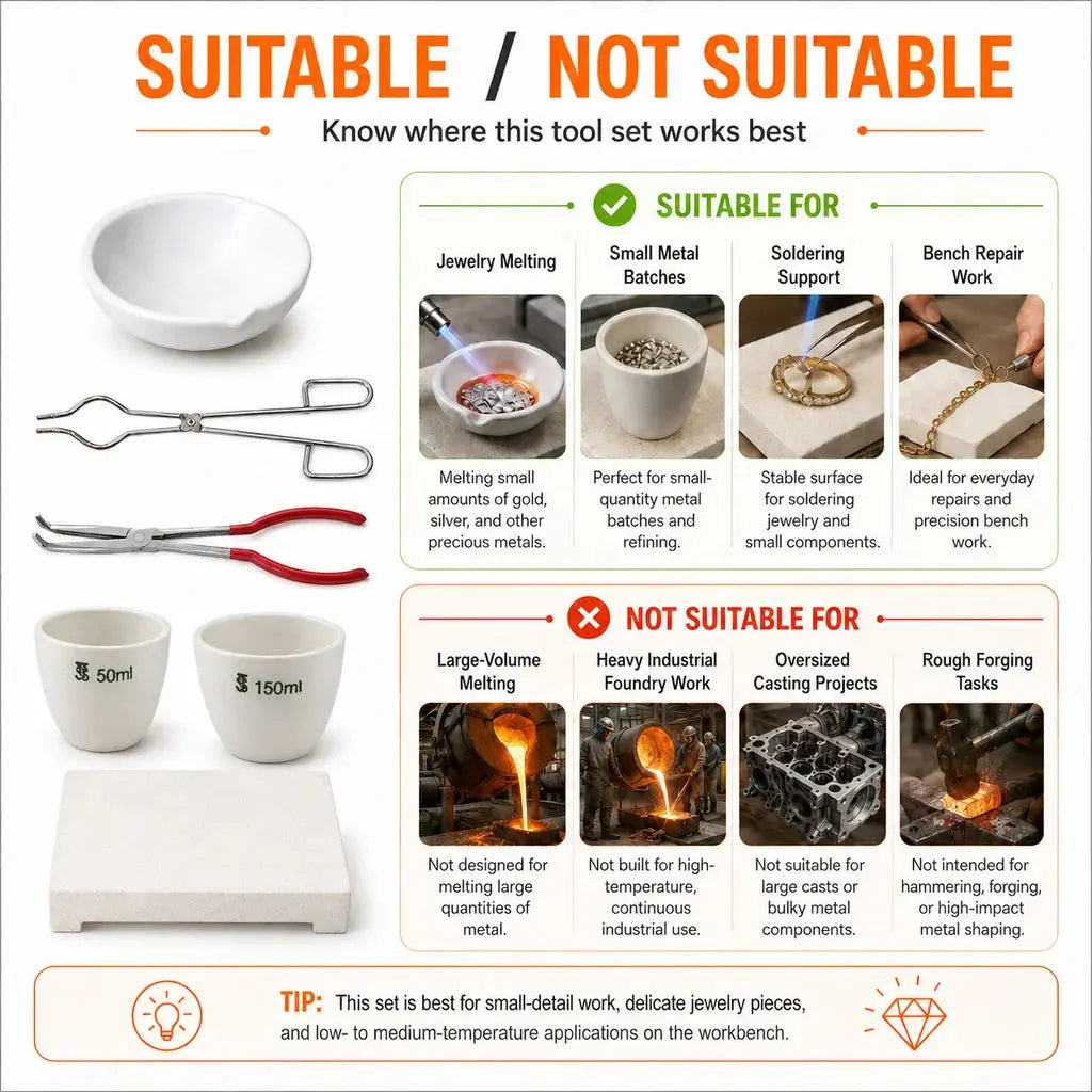 Suitable and not suitable applications for Tooltos jewelry melting kit