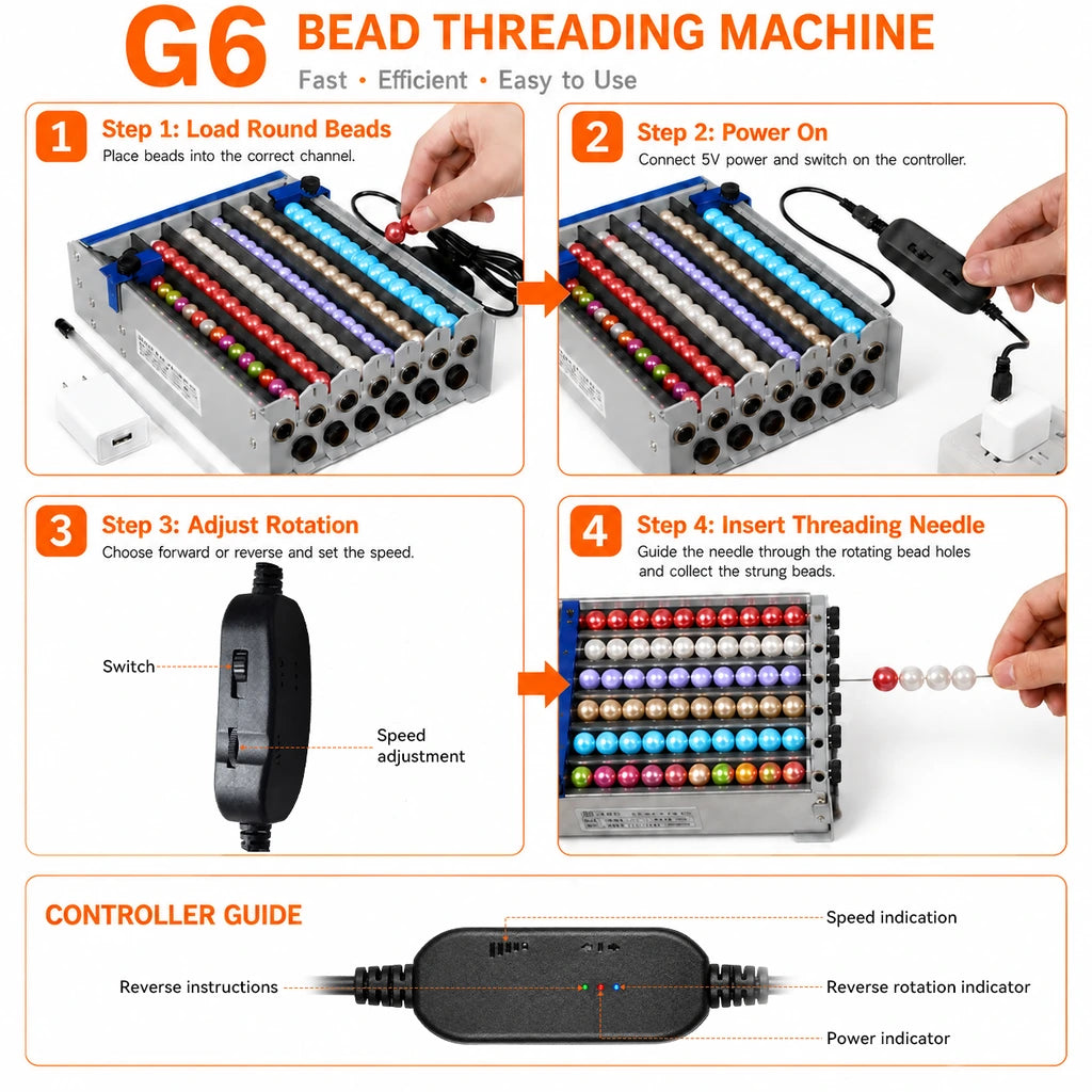 G6 bead threading machine operating steps — load beads, power on, adjust rotation, insert needle