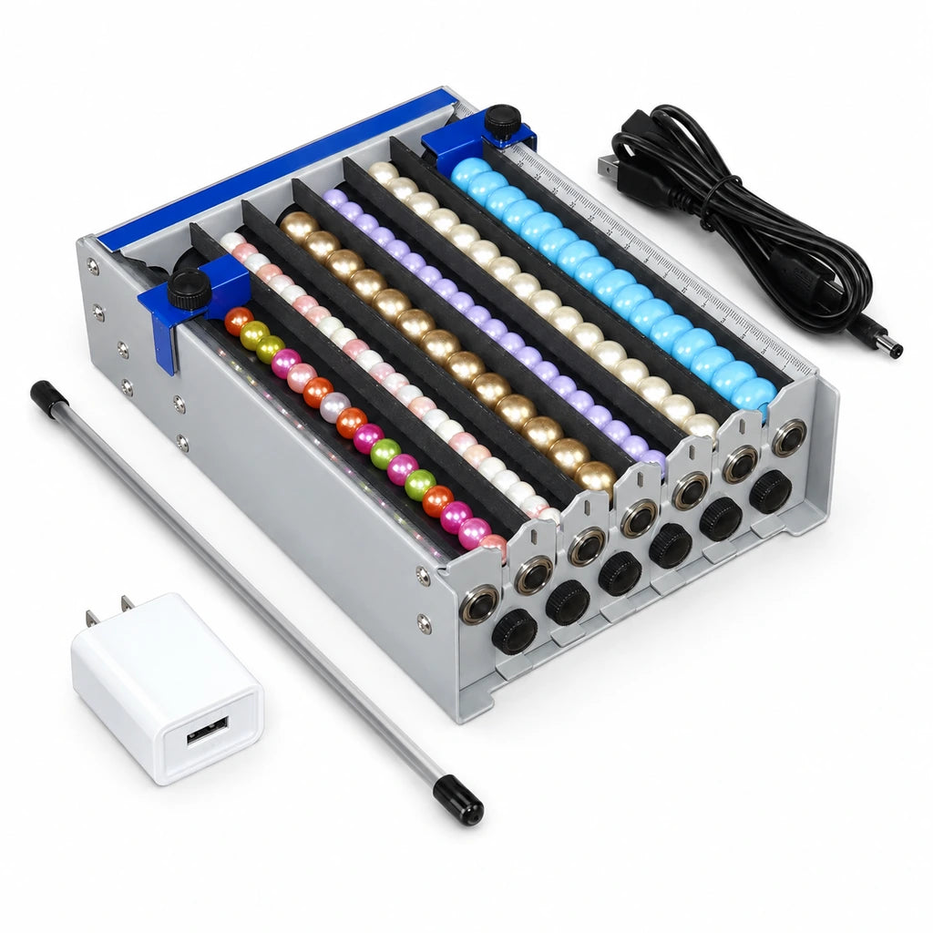 G6 6-channel bead threading machine with threading needle, USB adapter, and power cable