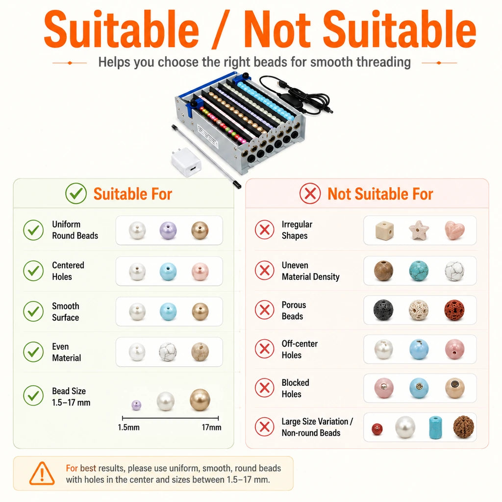 G6 bead threading machine suitable and not suitable bead types — round uniform beads recommended