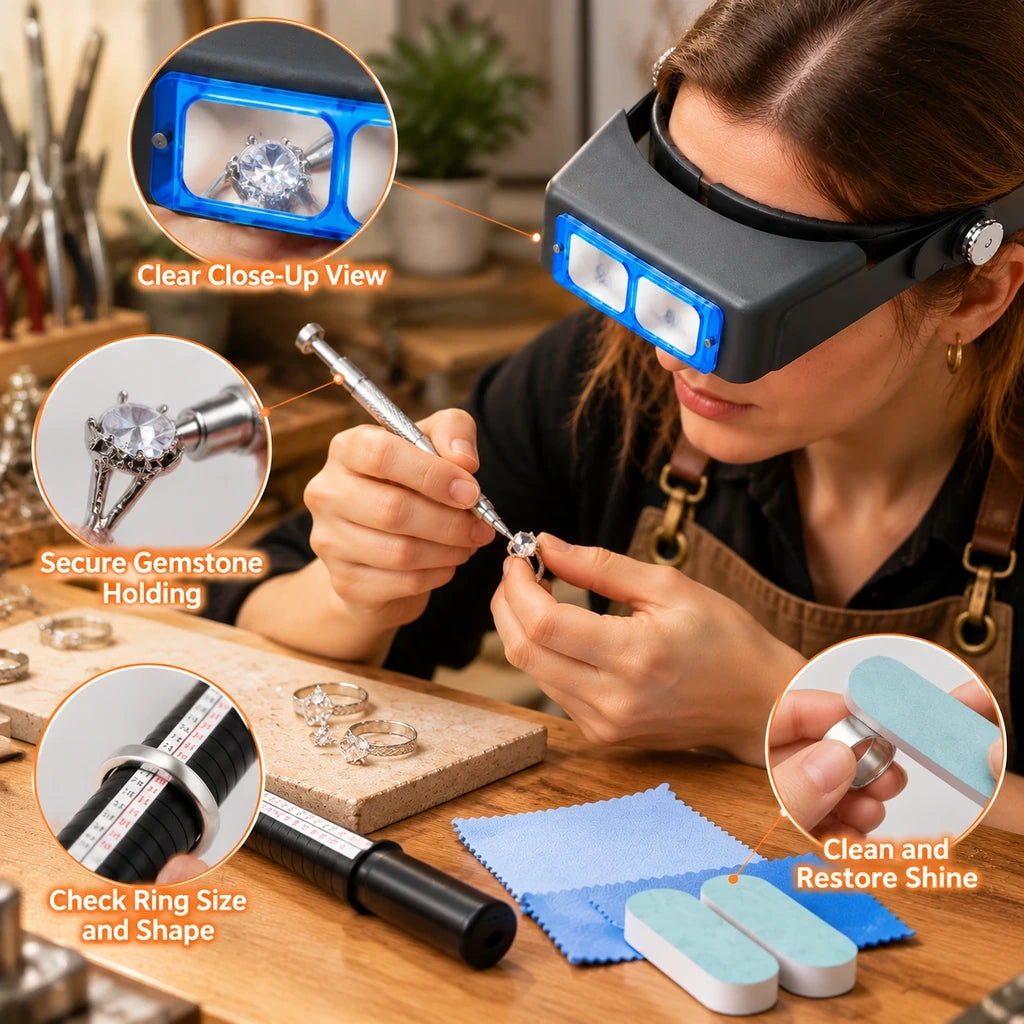 Jewelry maker wearing a headband magnifier while examining a gemstone ring, with sizing and polishing tools on the workbench