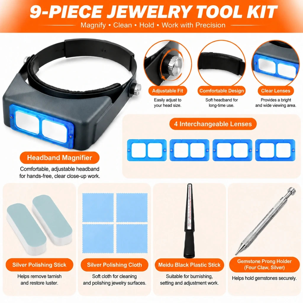 Jewelry tool kit overview showing adjustable headband magnifier, interchangeable lenses and jewelry care accessories