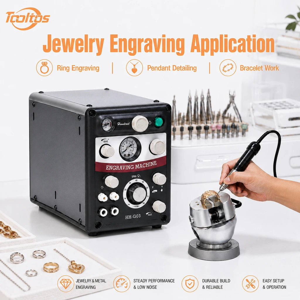Tooltos HH-G03 pneumatic engraving machine in use for jewelry engraving showing ring engraving, pendant detailing and bracelet work applications