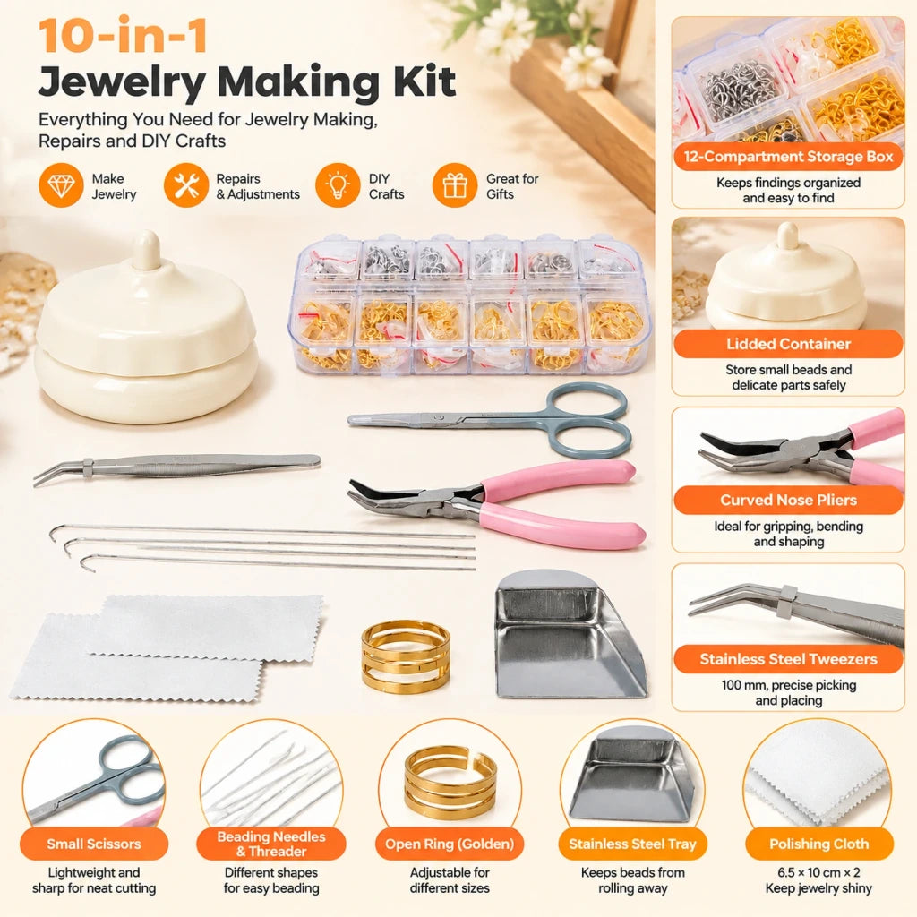 Jewelry making kit overview with labeled close-ups of the organizer, lidded container, pliers, tweezers and accessories