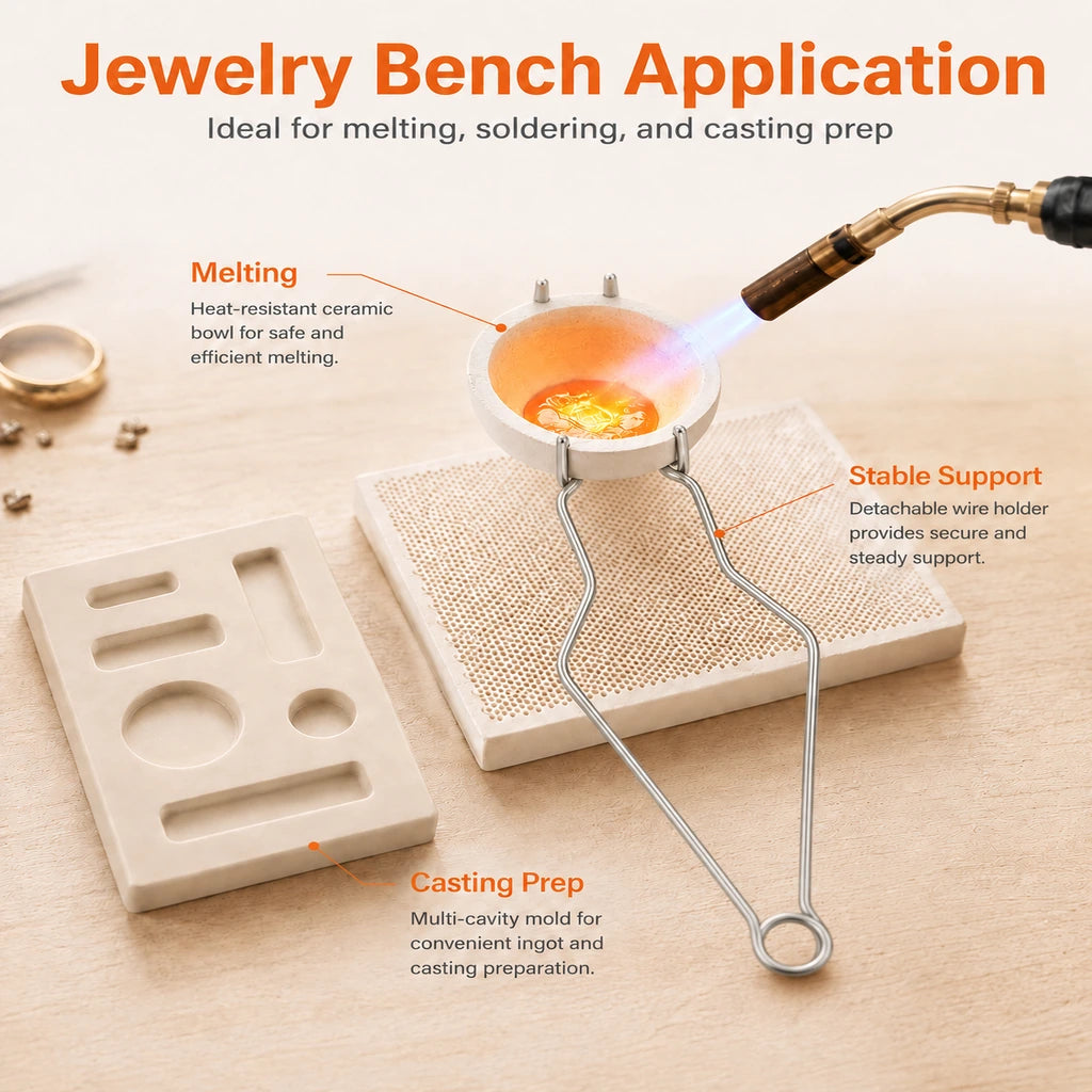 Tooltos Jewelry Bench Application Melting Bowl with Torch Honeycomb Board and Ingot Mold Casting Prep