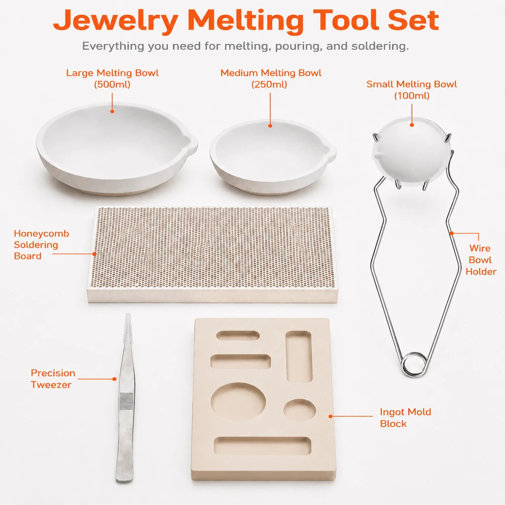 Tooltos Jewelry Melting Tool Set Package Contents 500ml 250ml 100ml Ceramic Bowls Honeycomb Board Wire Holder Tweezer and Ingot Mold