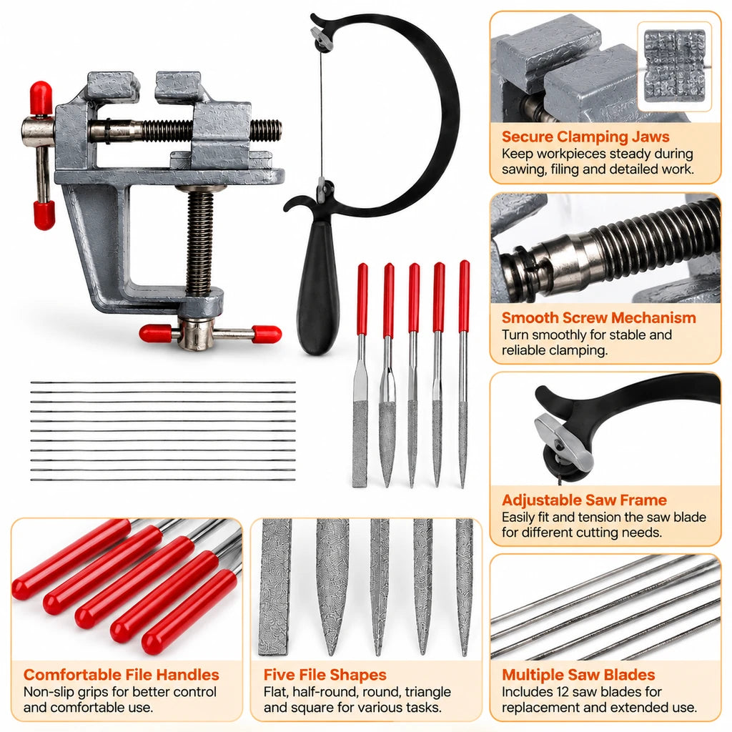 Jewelry tool kit showing vise jaws, screw mechanism, saw blade adjustment, red file handles and five diamond file shapes