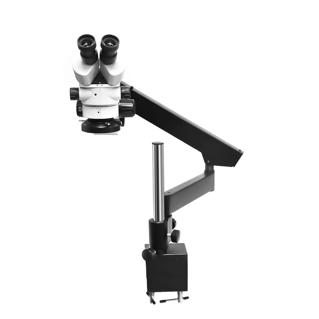 Jewelry stereo microscope with articulating boom stand and bench clamp on white background