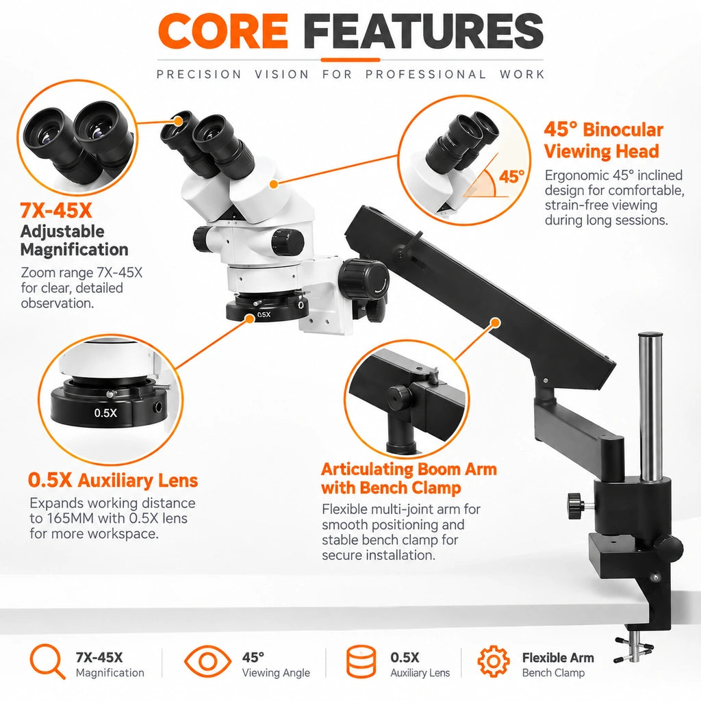 Jewelry stereo microscope with articulating boom stand showing core features