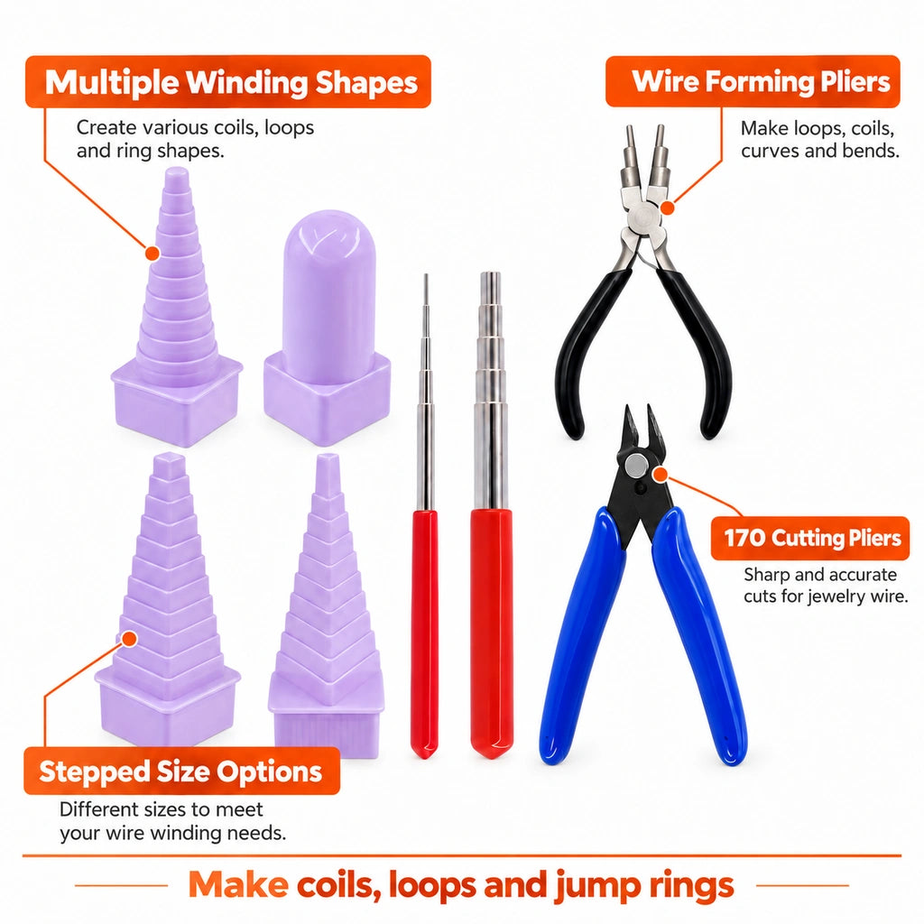 Key features of the jewelry wire forming kit with multiple winding towers and mandrels