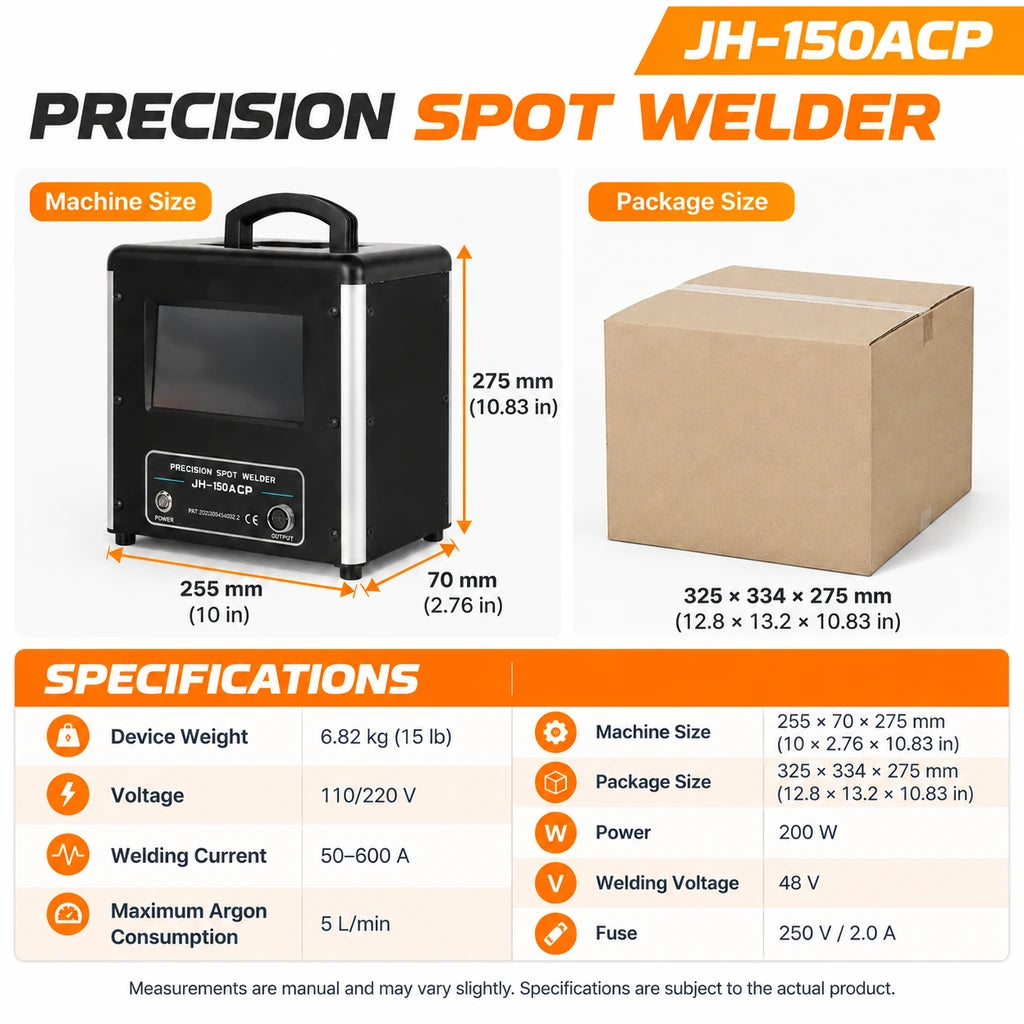 Jewelry spot welder dimensions and specifications showing machine size, package size, weight and electrical ratings
