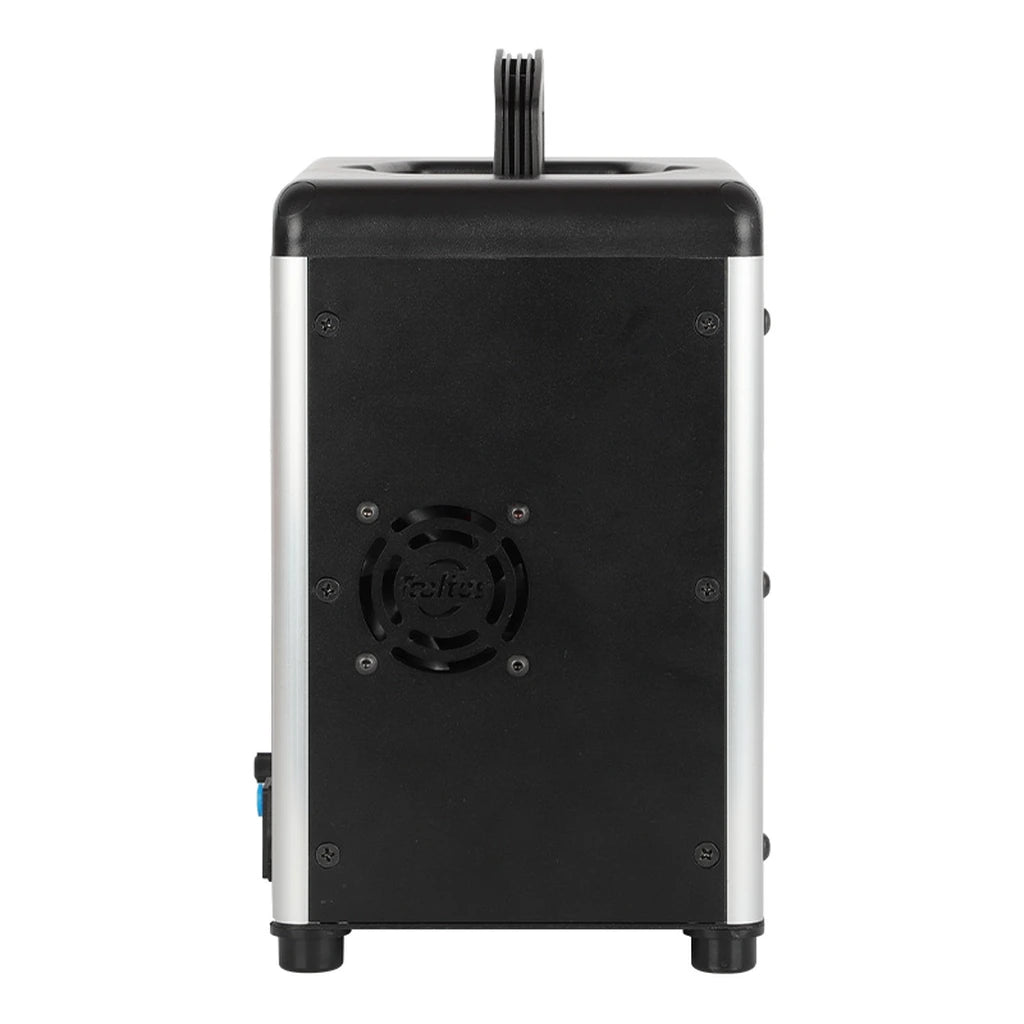 Tooltos jewelry spot welder side view showing cooling fan, black housing and carrying handle