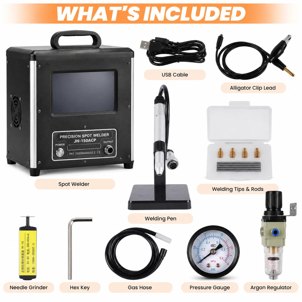 Tooltos jewelry spot welder with welding pen, tips, rods, needle grinder, cables, gas hose, pressure gauge and argon regulator