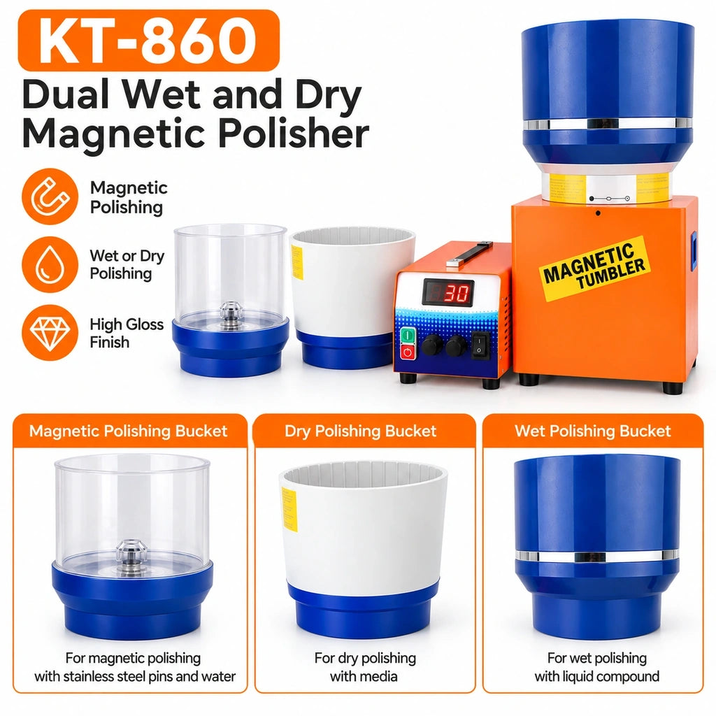 Jewelry polishing machine with clear magnetic polishing bowl, white dry polishing bowl and blue wet polishing bowl