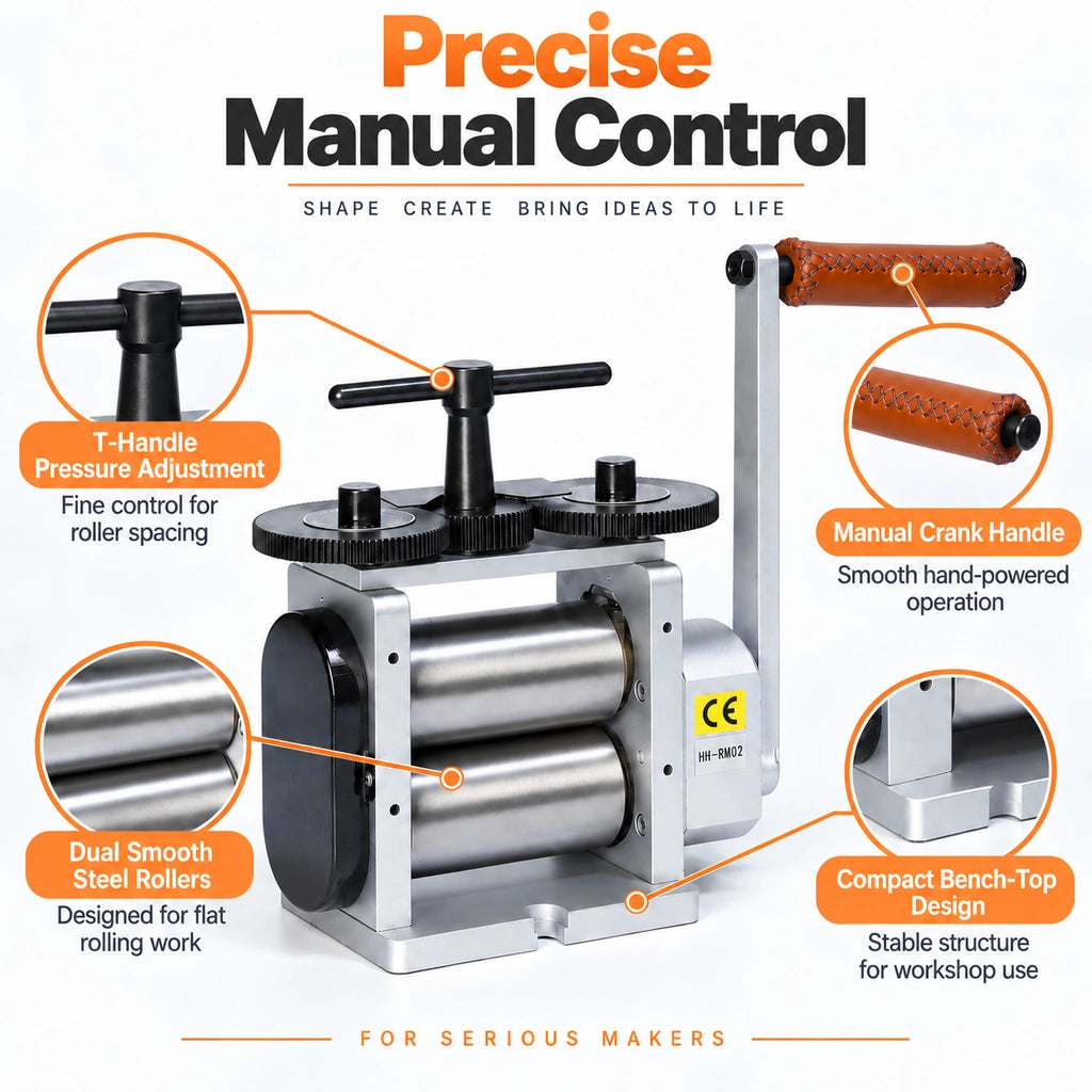 Tooltos 130mm rolling mill precise manual control features silver finish with T-handle and leather crank