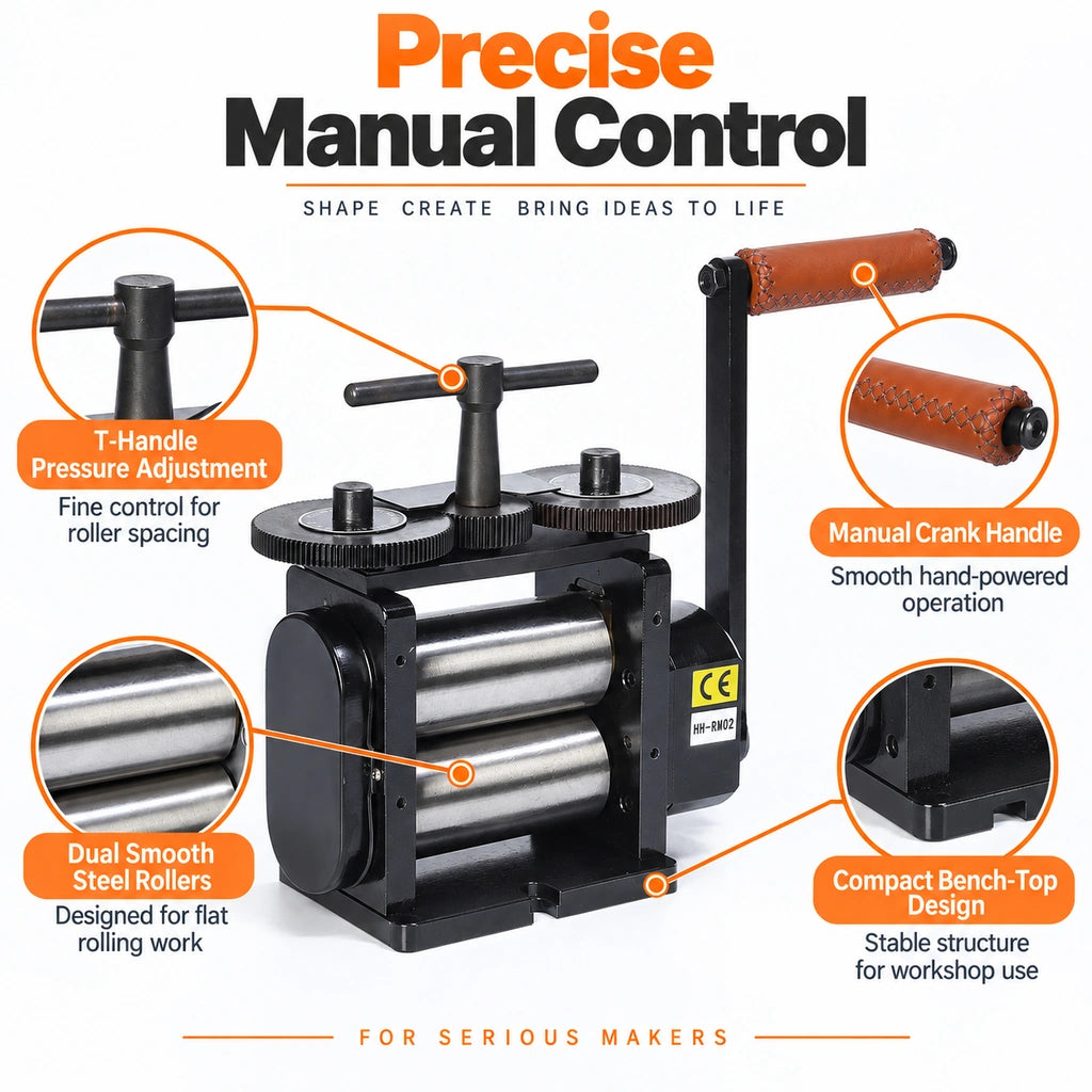 Tooltos 130mm rolling mill precise manual control features black finish with T-handle and leather crank